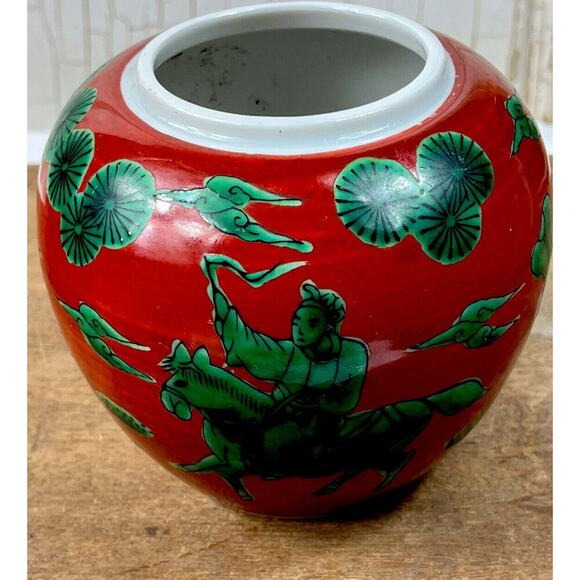 Japanese Kutani Porcelain Hand Painted Vase Floral Enamel Horse Samurai Urn